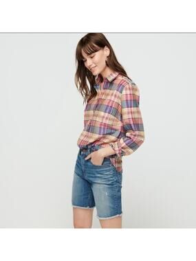 J. Crew classic popover rainbow plaid‎ top sz L